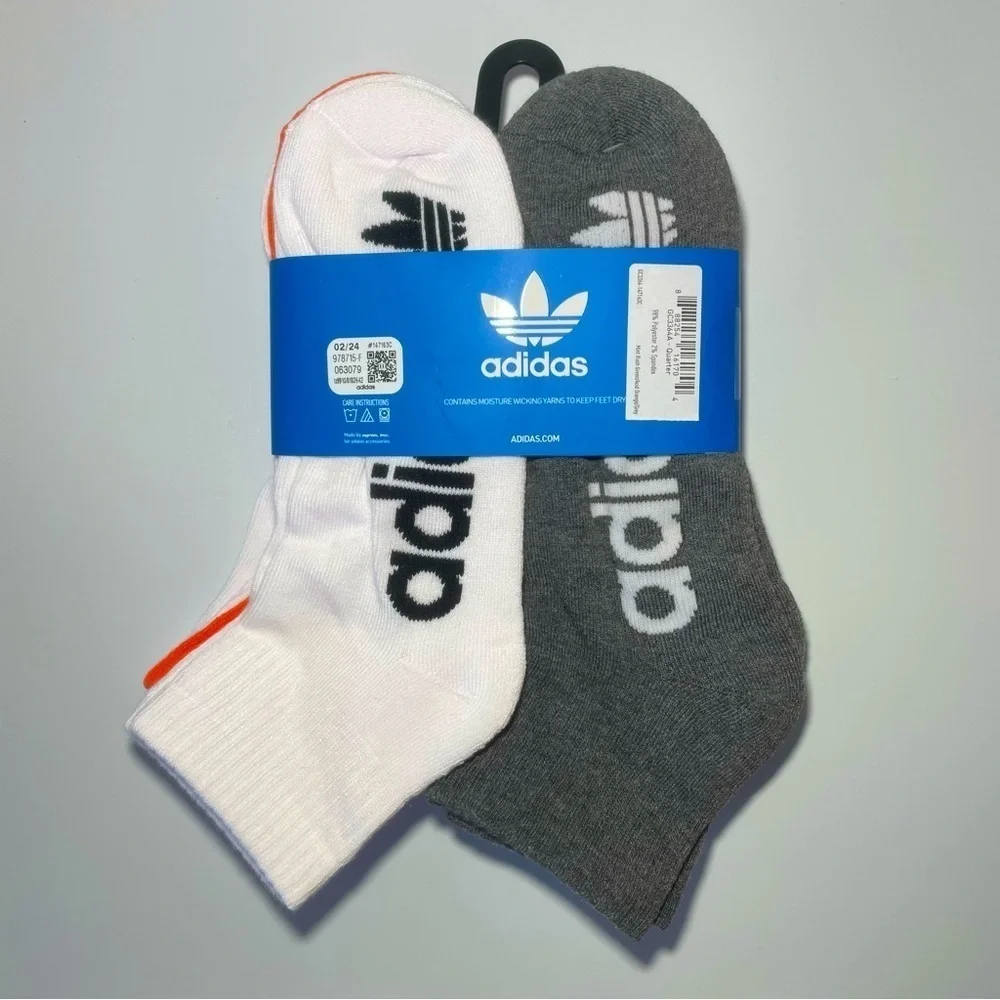 Adidas men’s quarter socks 6 pair size 6-12 white green orange gray black